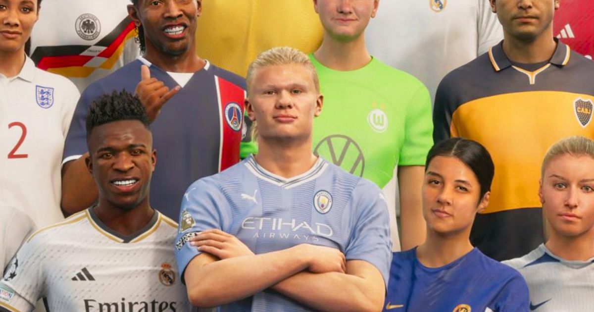 Key art of EA FC 24 featuring football players like Erling Halaand and Vinicius Jr