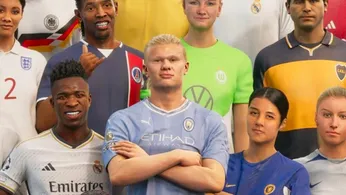 Key art of EA FC 24 featuring football players like Erling Halaand and Vinicius Jr