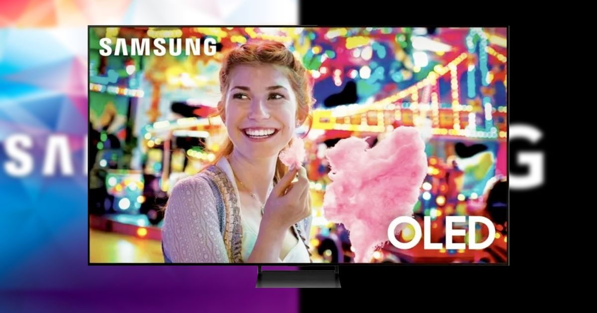 The new Samsung 83S90C 83-inch OLED on a background on Samsung and LG logos 