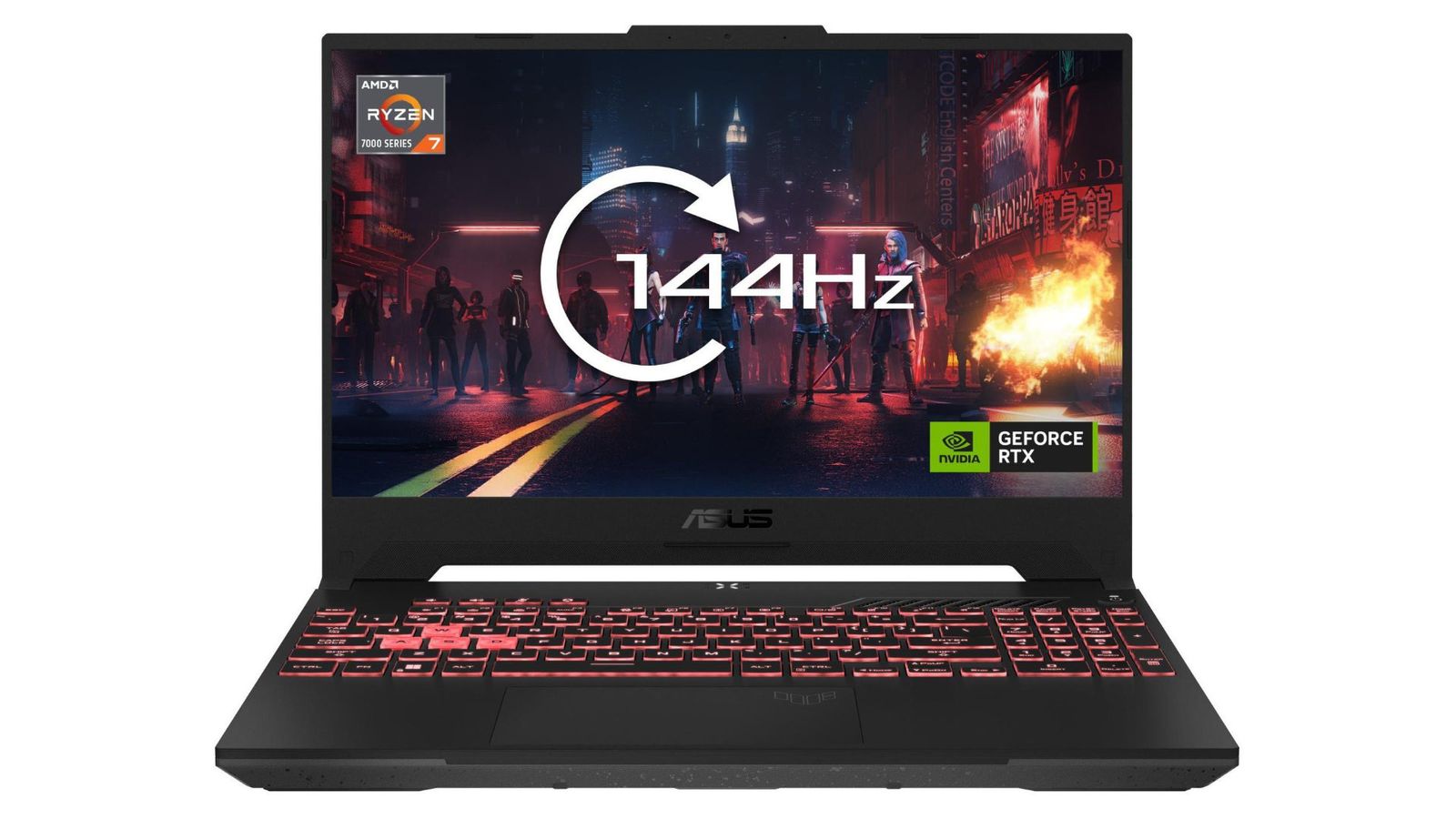 The Asus TUF Gaming A15 2023 gaming laptop with its screen open, advertising its 144Hz refresh rate.