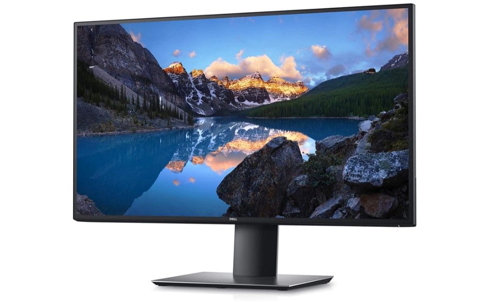 Dell U2720Q UltraSharp product image of a black monitor with a lake and mountain side scene on the display.
