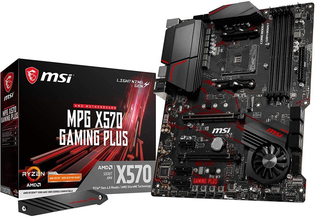 MSI MPG X570 GAMING PLUS product image of a black motherboard with red trim next to a similarly-coloured box.
