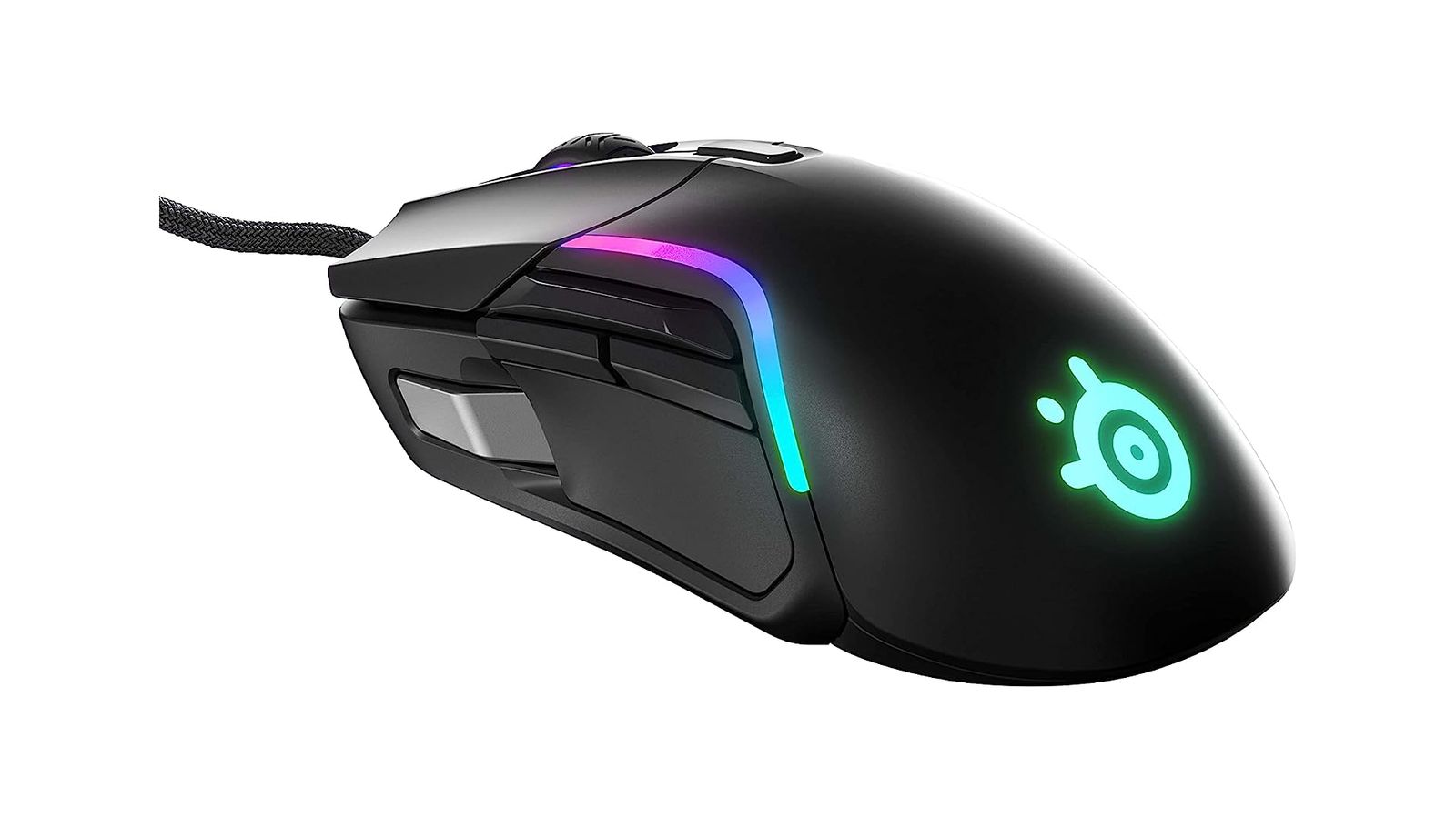 SteelSeries Rival 5 product image of a black wired mouse featuring pink and light blue lighting.