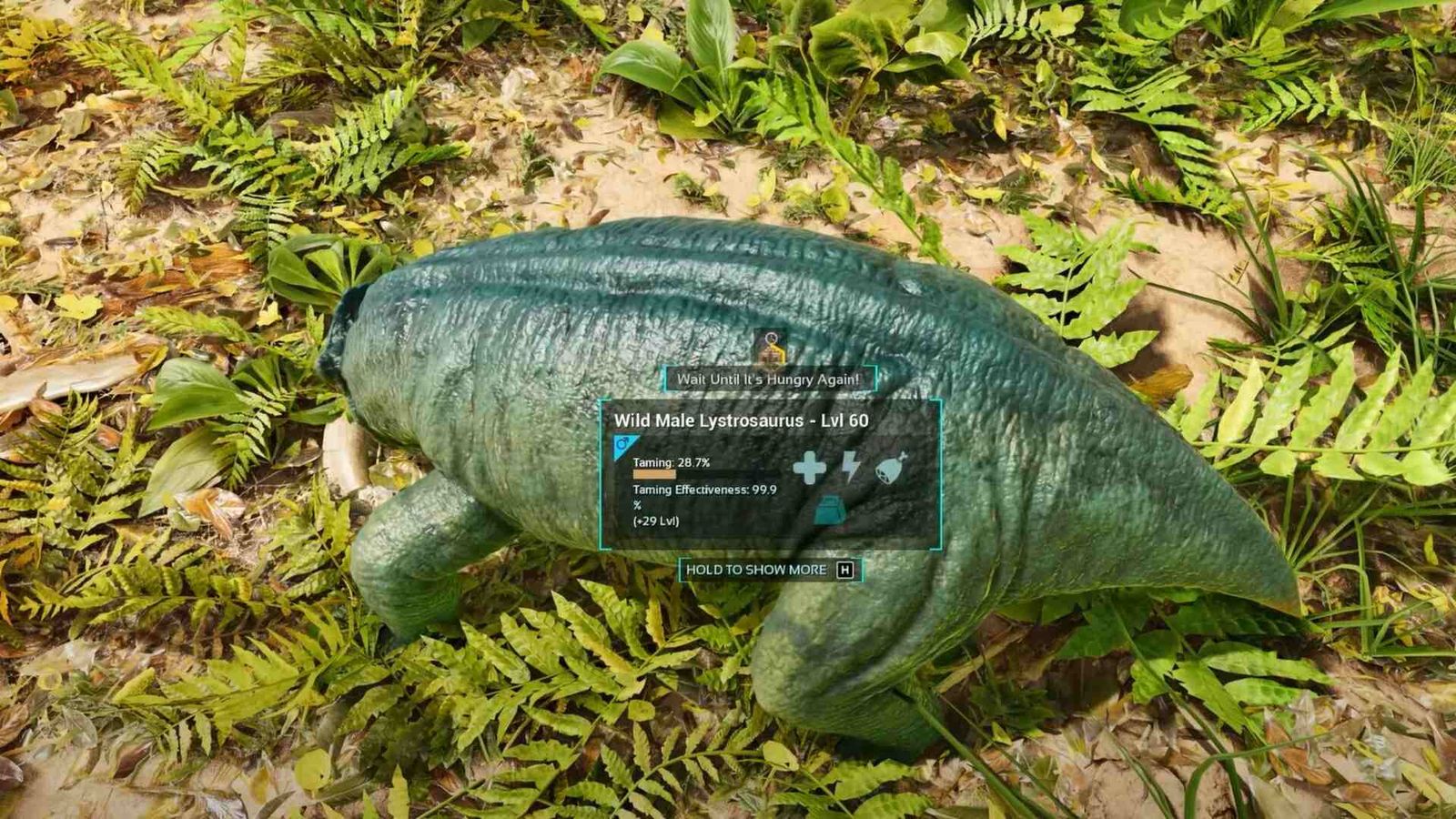 A screenshot from Ark: Survival Ascended showing a small blue dinosaur. There is a text box overlaid which reveals it is a Wild Male Lystrosaurus.