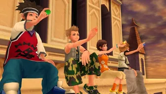 Pence, Hayner, Olette and Roxas sitting atop the Twilight Town clock tower in the Kingdom Hearts 2 intro 