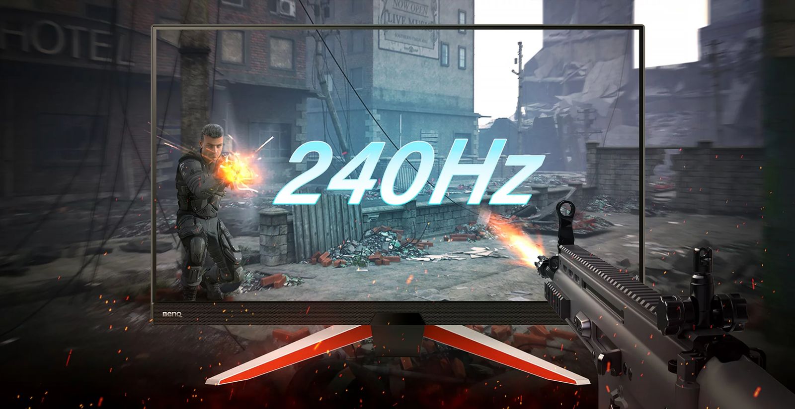 Image of a video game character firing a gun which is expanding out of a monitor with 240Hz in the centre.