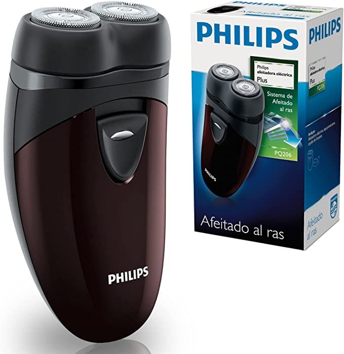 Philips Travel Shaver PQ206/18 product image of a compact black razor with two razor heads, the razor itself placed next to a blue and white box.