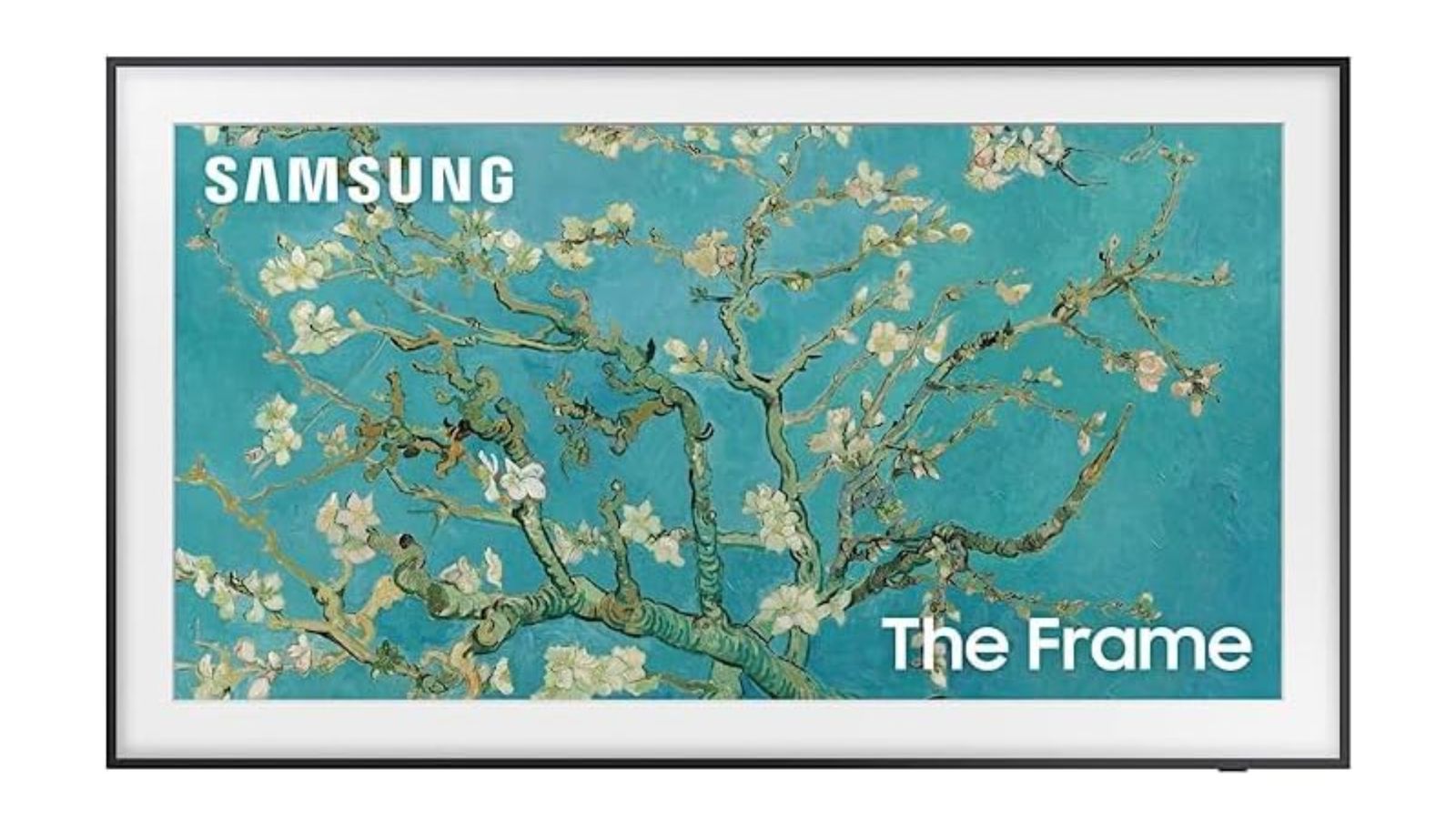 Samsung The Frame TV product image of a white and black-framed TV with a white flowery tree on the display.