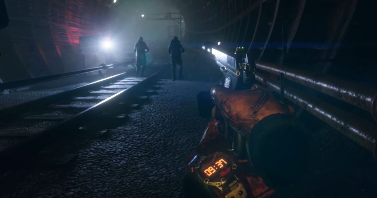 A first-person look at a Metro character aiming a pistol 