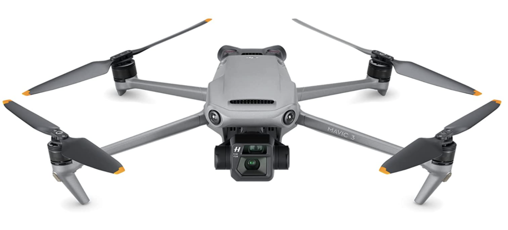 DJI Mavic 3 product image of a grey drone with four propellers.