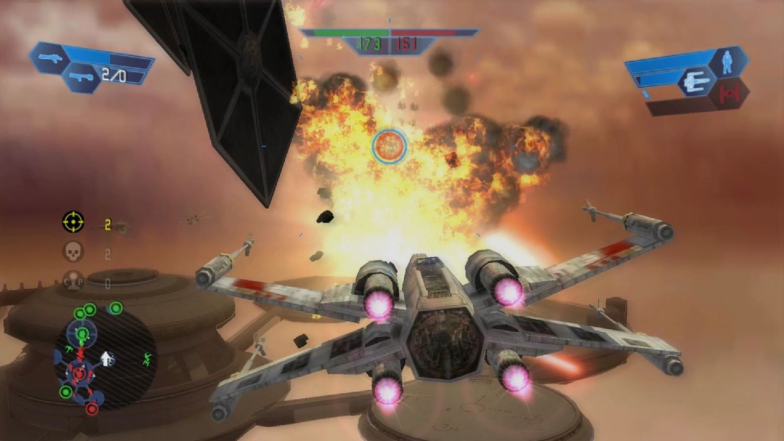 Star Wars battlefront X-wing shooting at an explosion 
