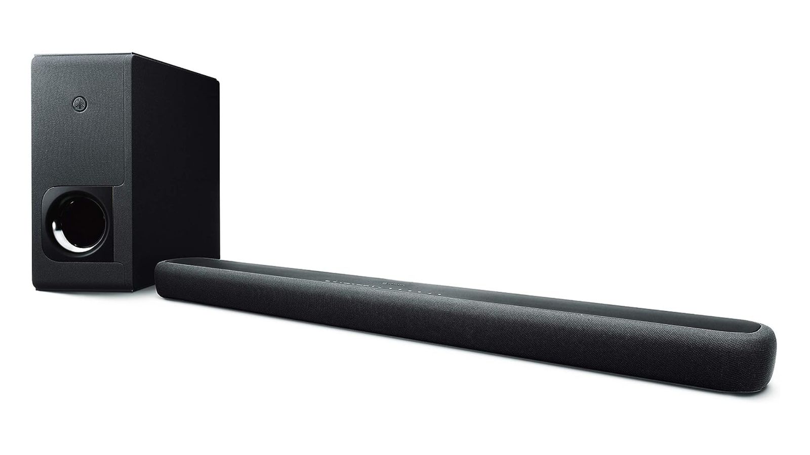 Yamaha Audio YAS-209BL product image of a long black soundbar next to a black speaker.