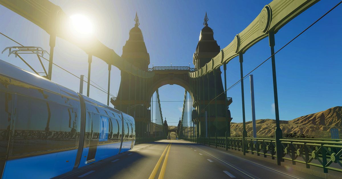 Cities Skylines 2 - tram crossing a bridge with the sun shining overhead