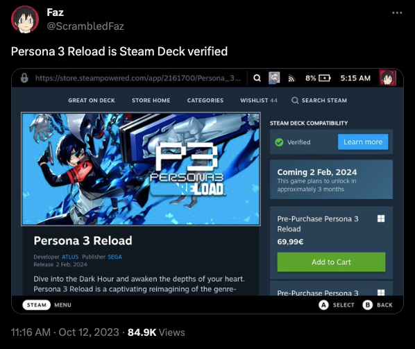 Twitter user points out that Persona 3 Reload is Steam Deck verified.