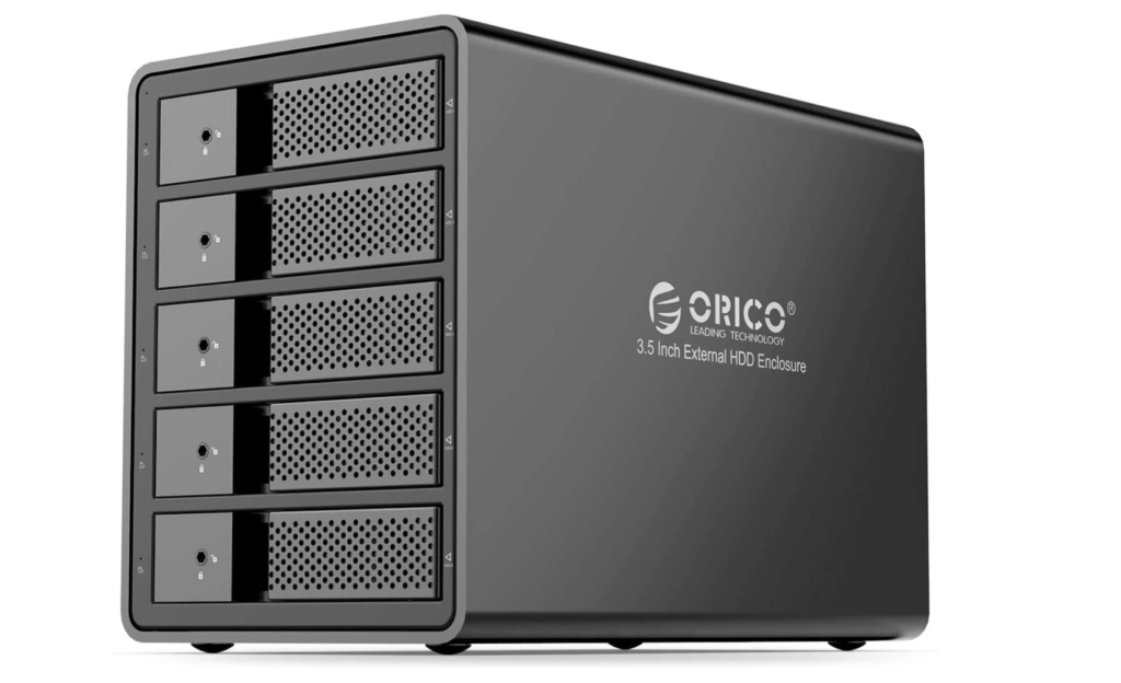 ORICO product image of a dark grey hard drive with five ports on the front.