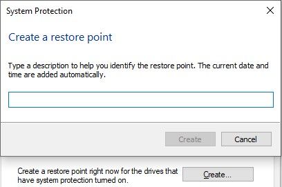 A screenshot of creating a system restore point in Windows 10. 