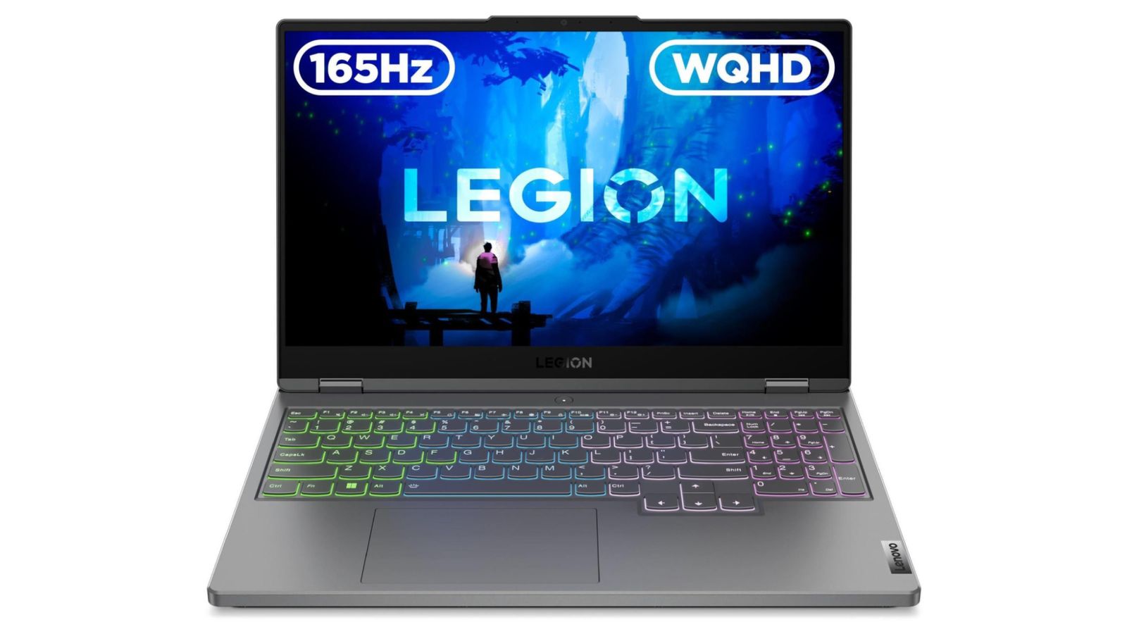 Best Lenovo gaming laptop - Lenovo Legion 5 product image of a light grey laptop with Legion branding in blue on the display and multi-coloured backlit keys.