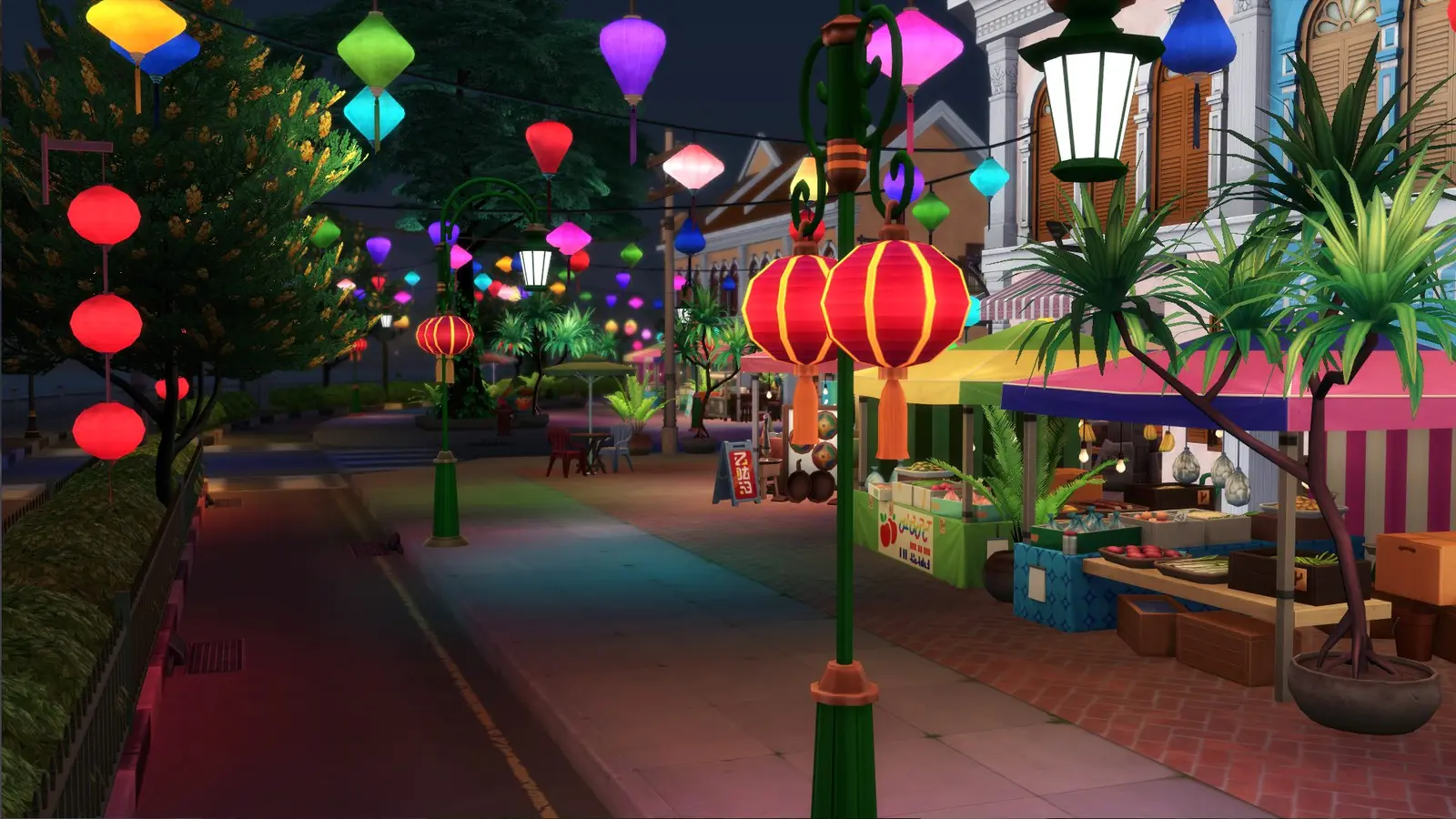 The Tomarang night market in The Sims 4 shining with asian-inspired lanterns in the air