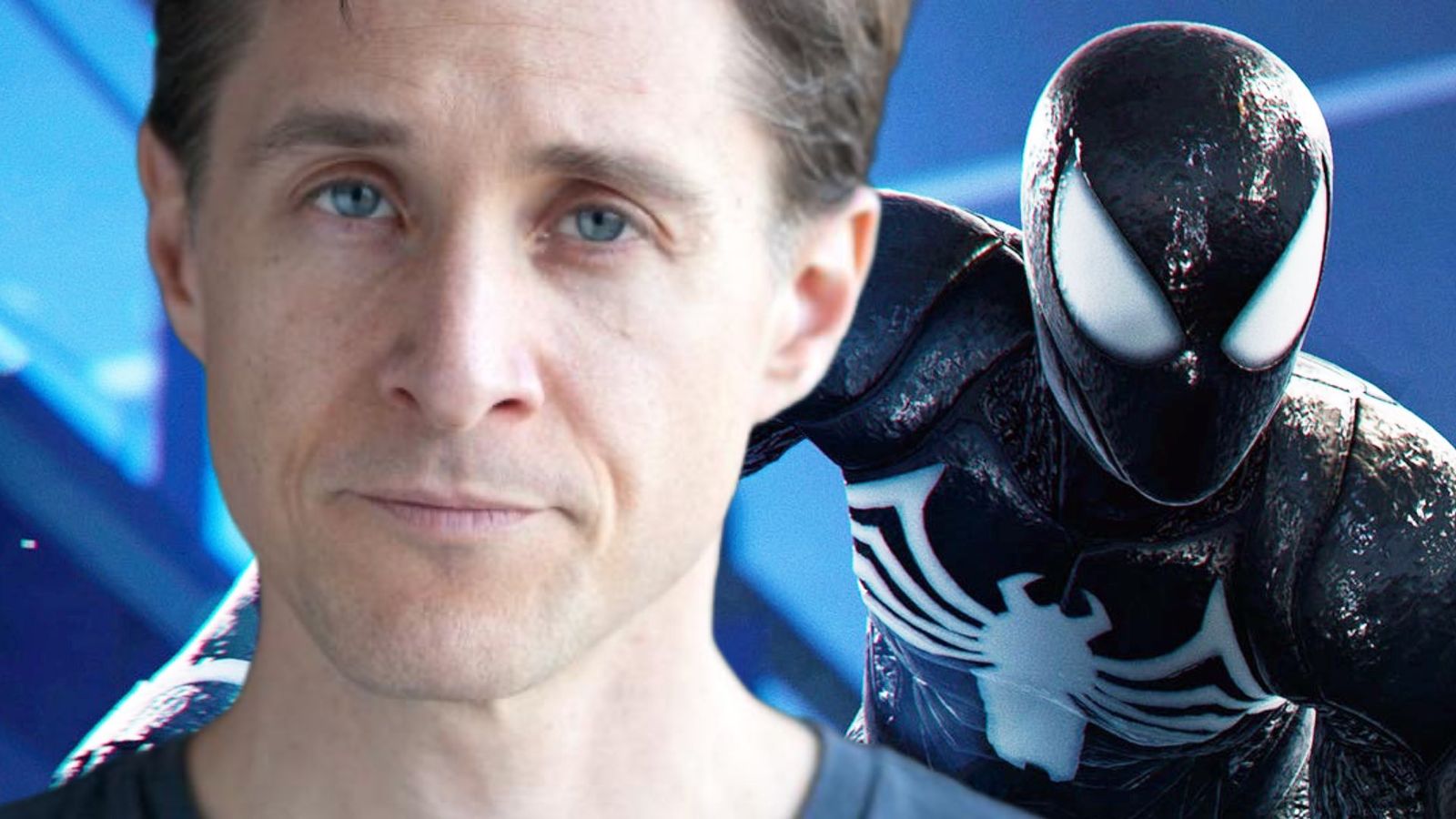 Peter Parker voice actor Yuri Lowenthal next to Symbiote Spider-Man from Marvel’s Spider-Man 2 PS5