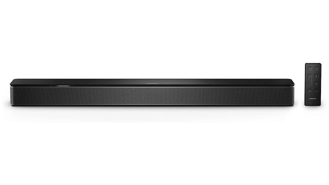 Bose Smart Soundbar 300 product image of a long black soundbar with a black remote to the right of it.