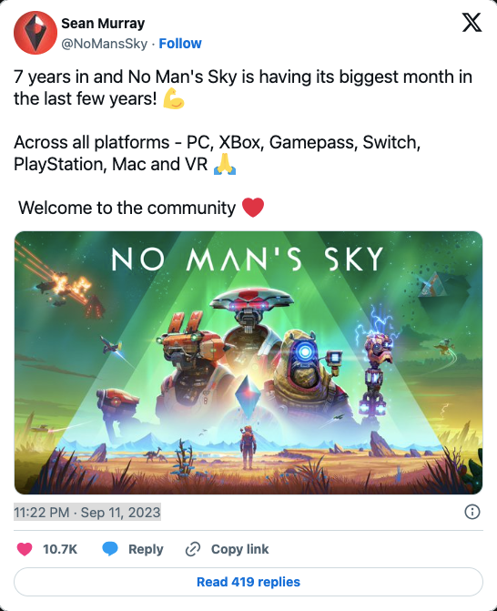 Sean Murray of Hello Games thanks fans for playing No Man's Sky.