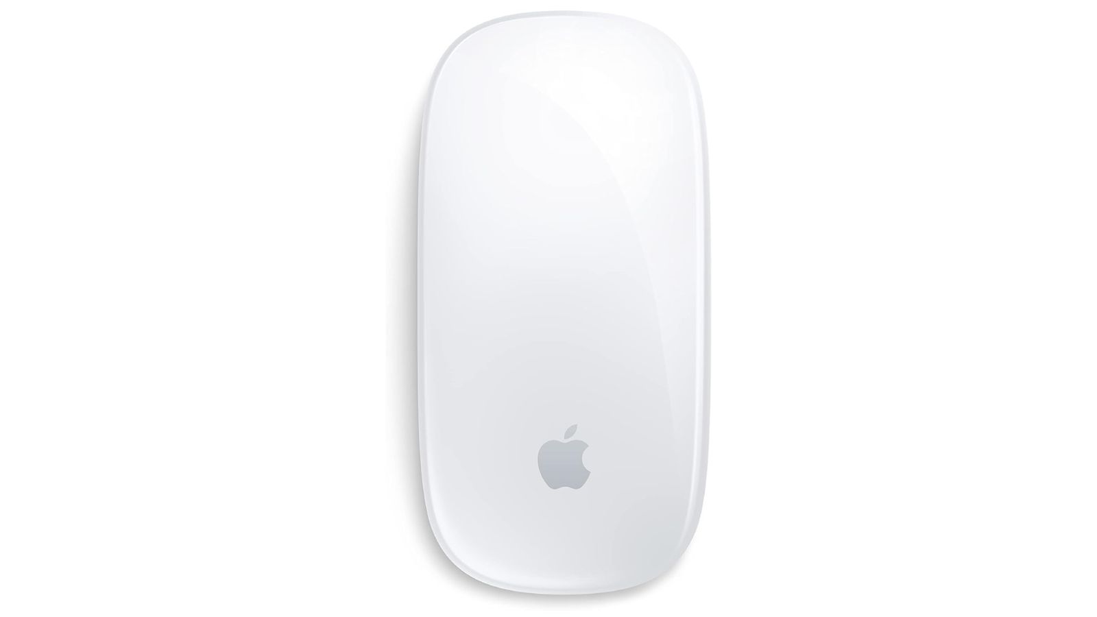 Apple Magic Mouse product image of a white wireless mouse with the grey Apple logo at the bottom.