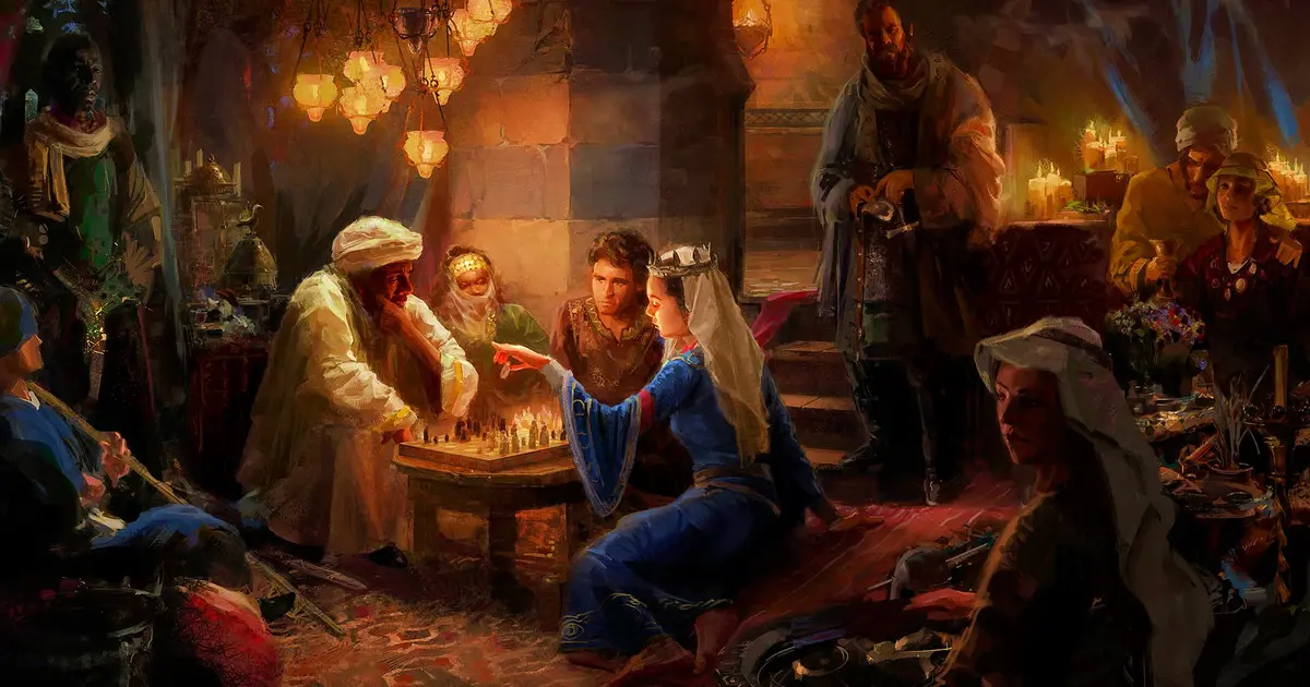 Crusader Kings 3: nobles sit around a games board playing chess