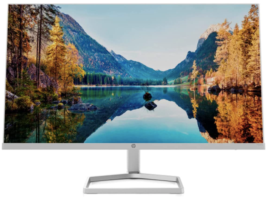 HP M24fw product image of a light grey monitor with an image of a lake between mountains on the display.