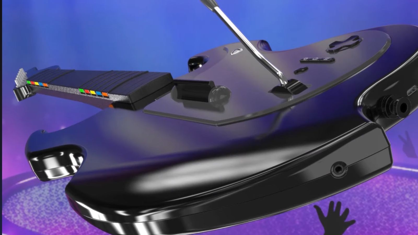 An image of the PDP Riffmaster guitar controller on a purple rock background