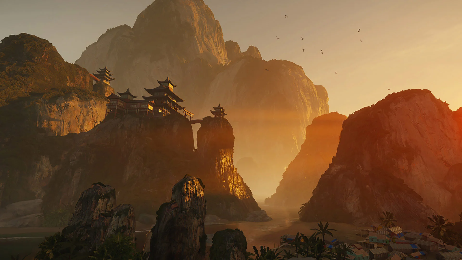View of a Southeast Asian mountain, with a temple sitting high up - best Oculus games