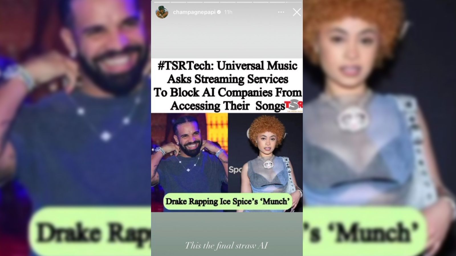 Drake’s deleted Instagram story fighting against AI song covers with text saying: “this is the final straw”