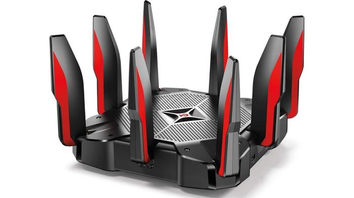 Best gaming router - TP-Link Archer C5400X product image of a black and red router.