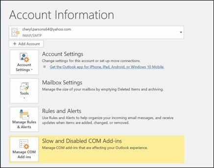 A screenshot of the Account Information tab without Automatic replies in Microsoft Outlook.