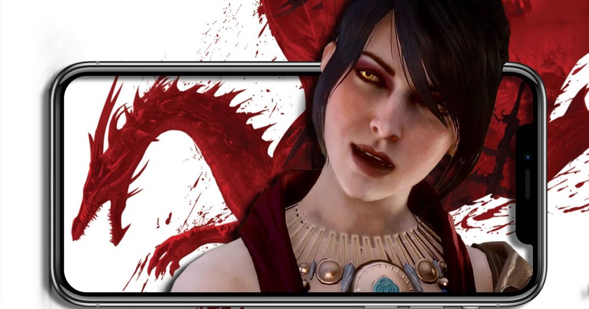 A mock-up image of Dragon Age Mobile with Morigan on a DA:O background