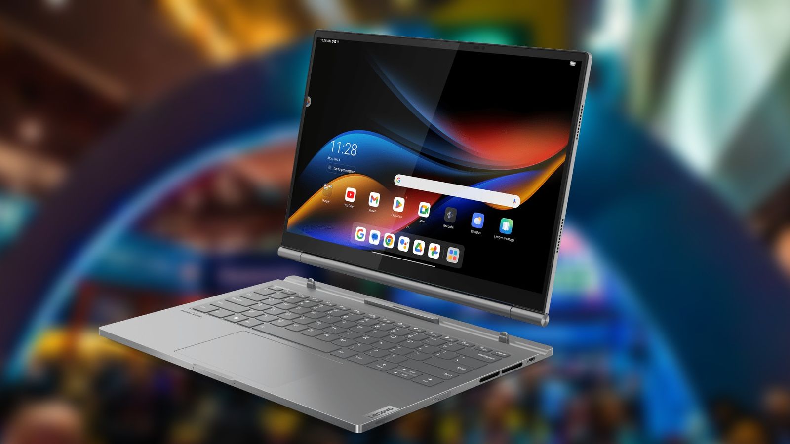 Lenovo Thinkbook 5 Plus Gen Hybrid in front of a blurred CES image