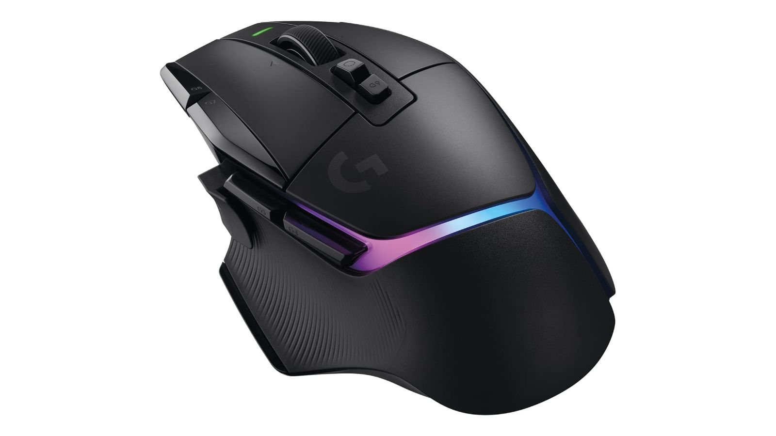 Logitech G502 X Plus product image of a black mouse with pink and blue lighting cutting through the middle.