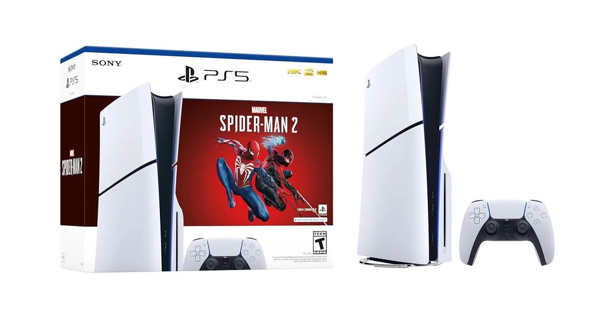 A white and black PS5 Slim next to a PS5 controller and a box featuring Marvel's Spider-Man 2 graphics on the front.