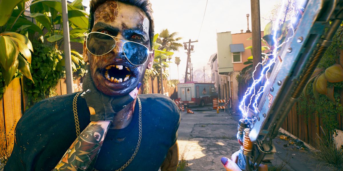 dead island 2 player grabbing a zombie by the neck and holding an electric knife
