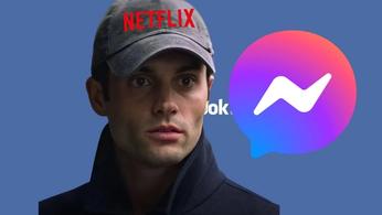 Joe from the TV show You wearing a Netflix hat and looking at the messenger logo