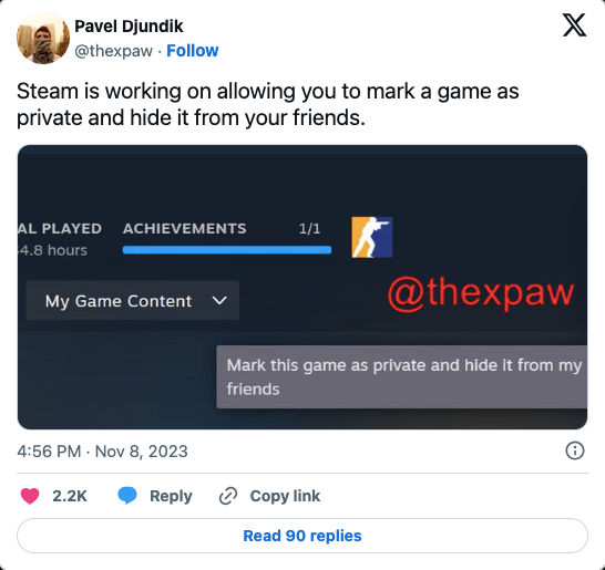 Pavel Djundik shows how you can mark your Steam games and make them private