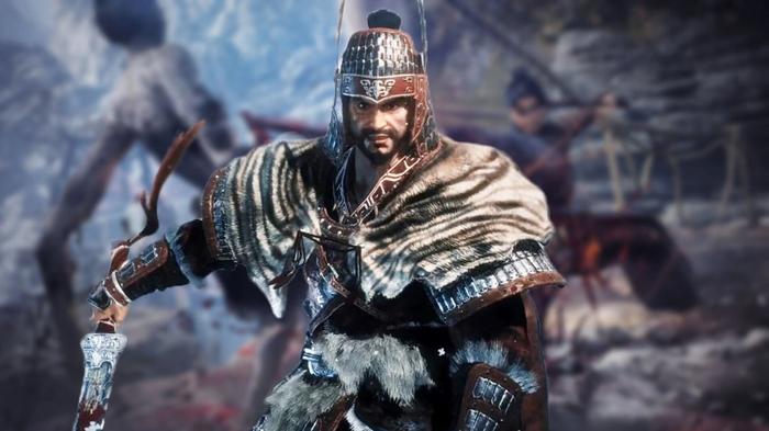 An armoured warrior with his sword drawn set against a blurred battlefield.