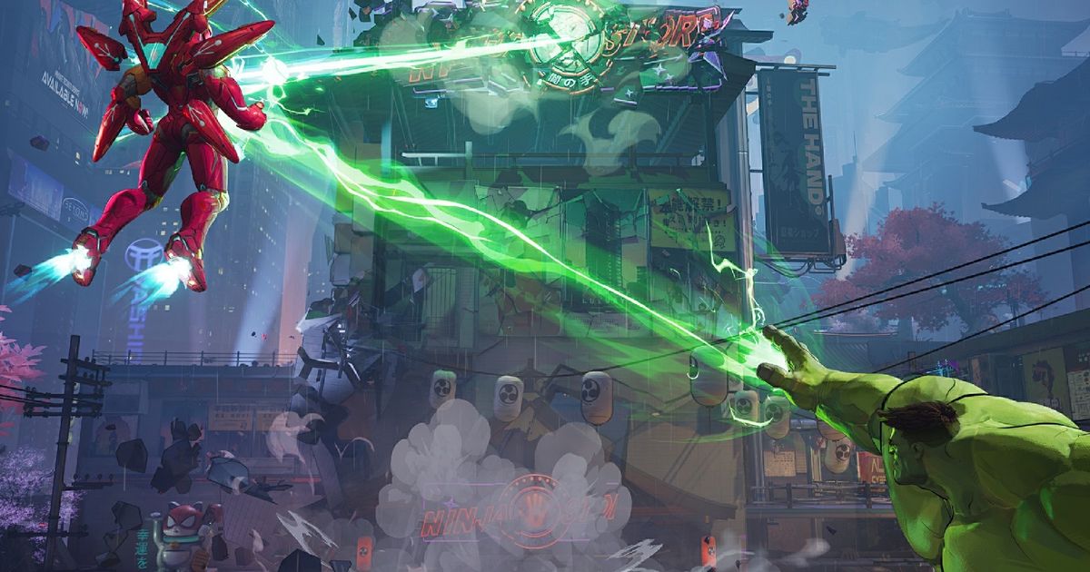 Hulk firing a gamma bolt into Iron Man's chest repulsor beam in Marvel Rivals art