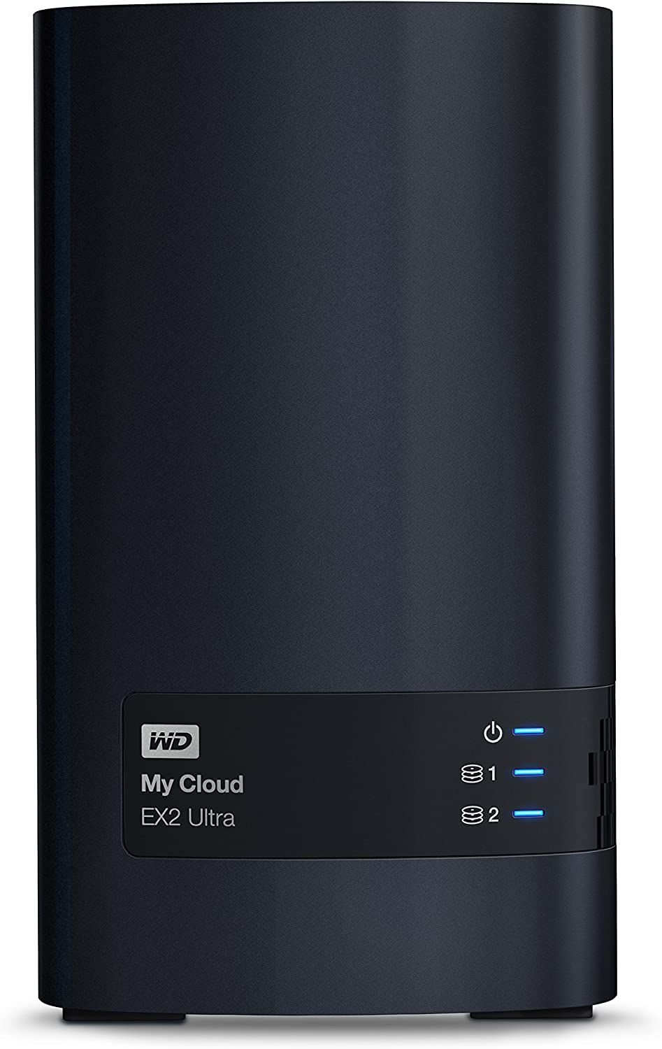 WD My Cloud EX2 Ultra product image of a tall black NAS device with blue lights on the front.