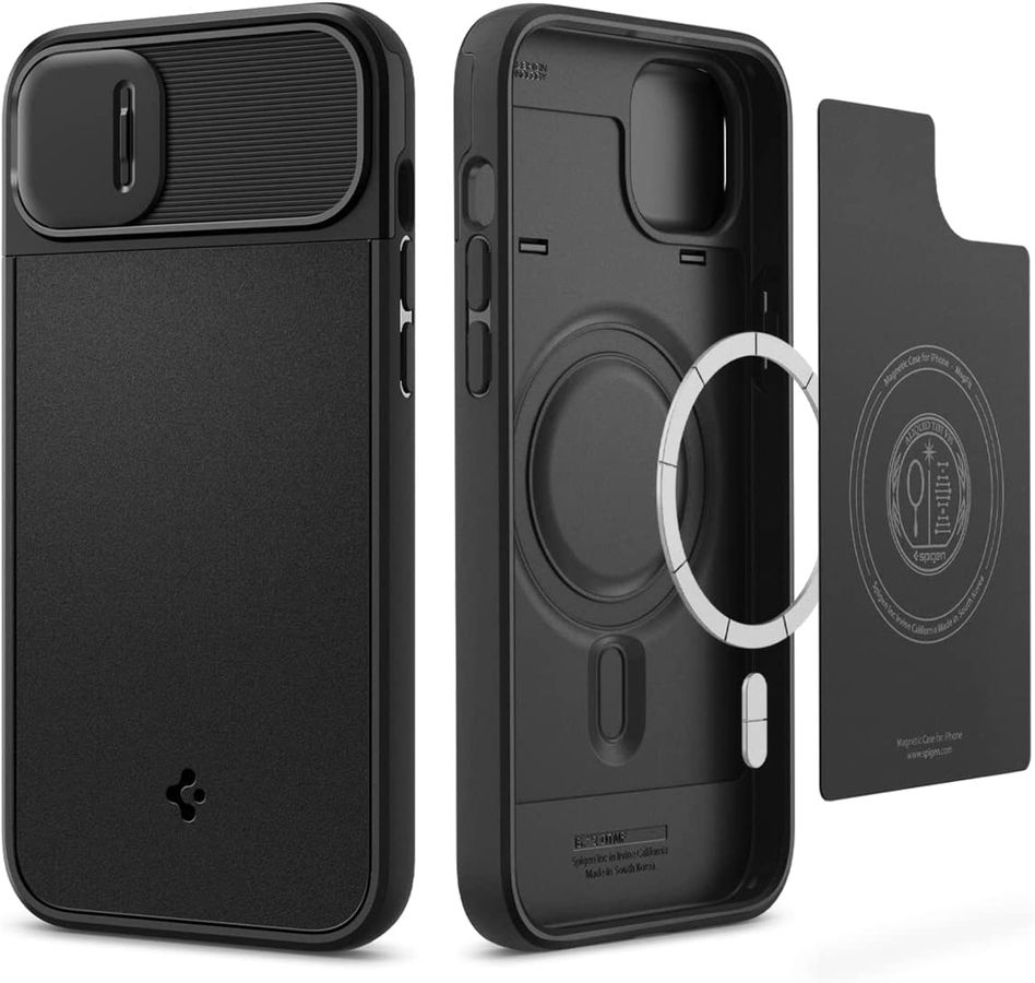 Spigen Optik Armor product image of a black MagSafe case deconstructed.