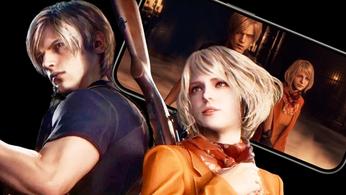Resident Evil 4 Remake iPhone port in the background behind images of Leon Kennedy and Ashley