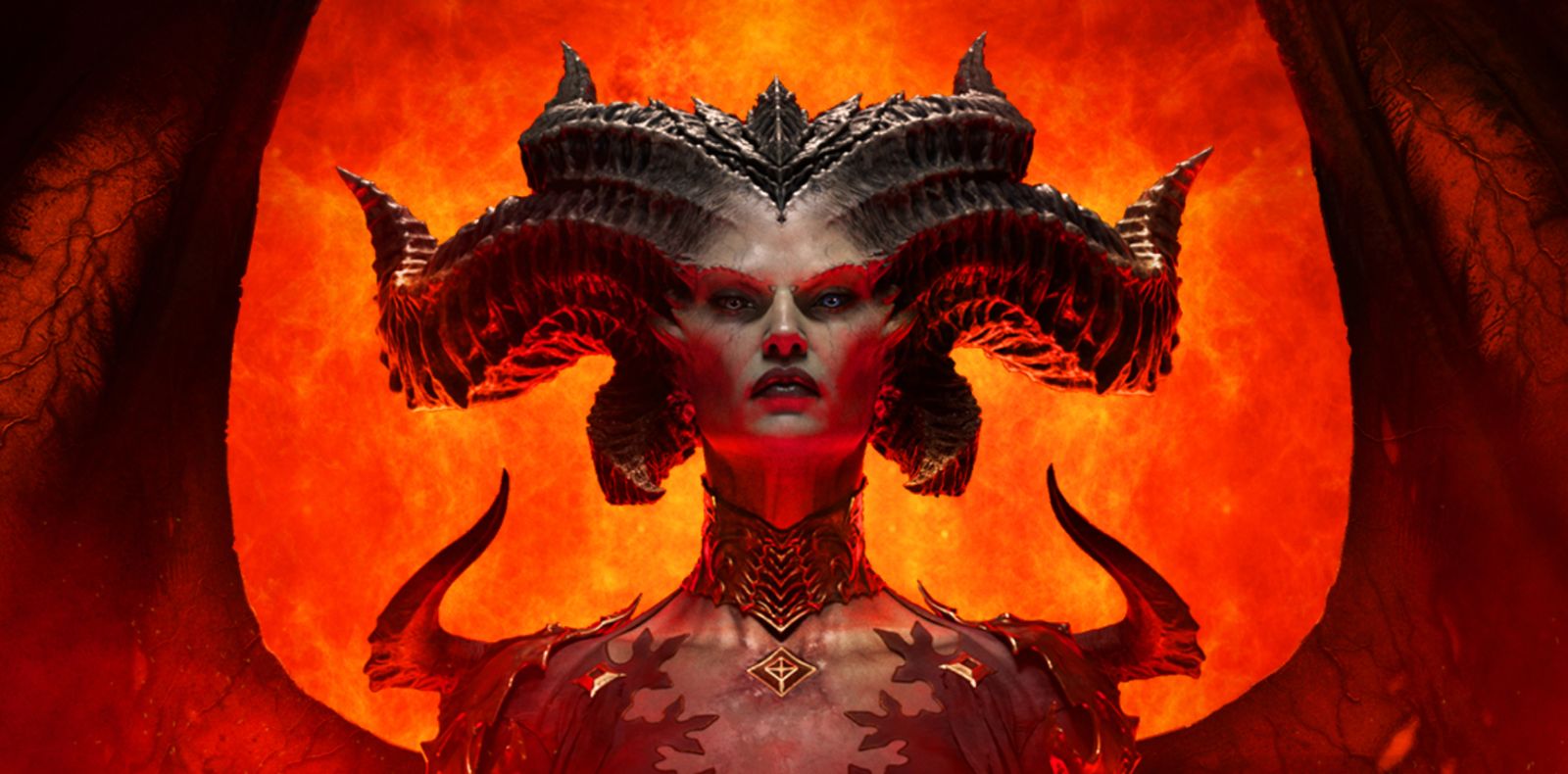 Image of a demonic lady with wings and horns in front of a fiery background.