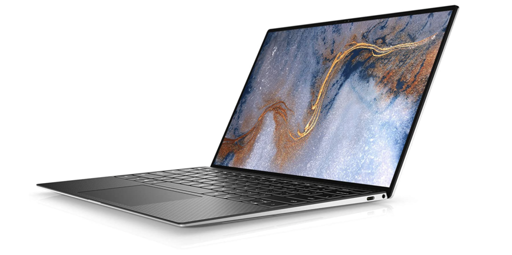 Dell XPS 13 product image of a thin grey and silver laptop.