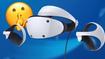 PSVR 2 headset in front of a PlayStation background and a shushing emoji
