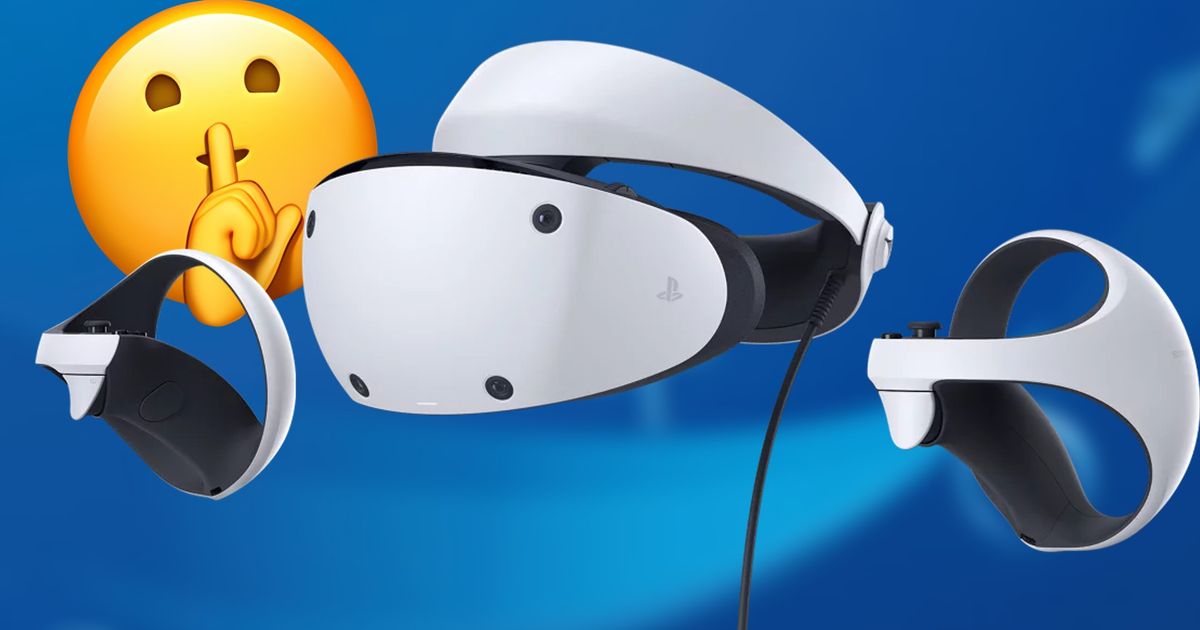 PSVR 2 headset in front of a PlayStation background and a shushing emoji