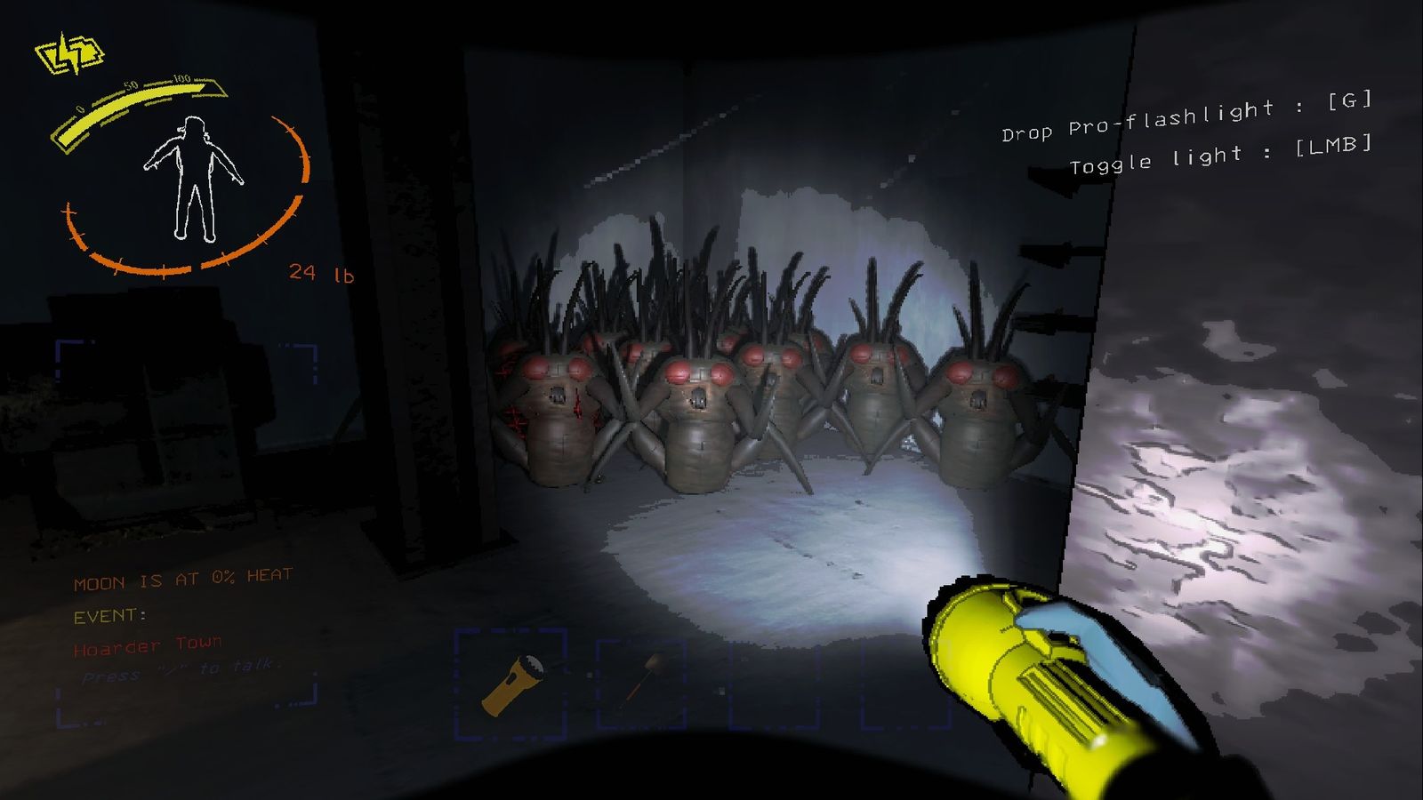 Horde of Hoarding Bugs illuminated by a flashlight in Lethal Company